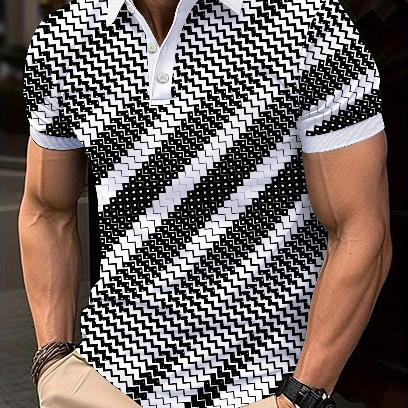 

Men's Color Blocking Geometric Pattern Short Sleeve Lapel T-shirt For Summer, Casual Trendy Streetwear Tops As Gift