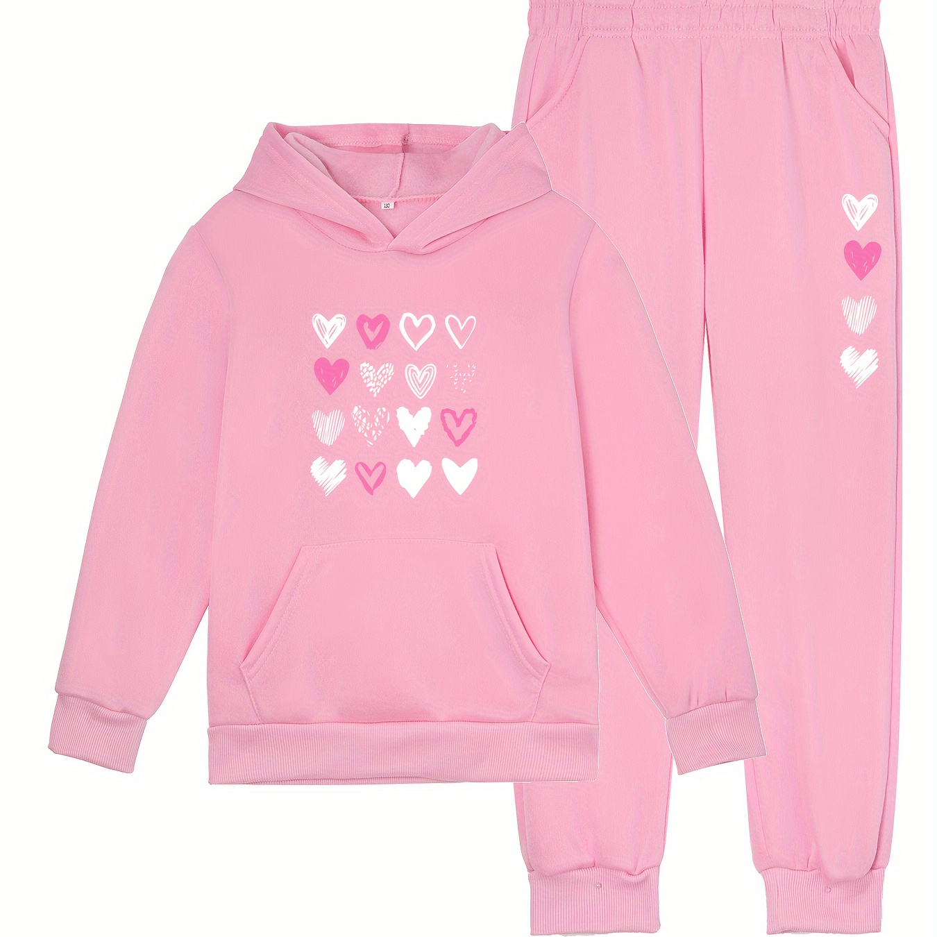

2pcs Girls Lovely Hearts Pattern Casual Sports Suit, Long Sleeve Pocket Front Hoodie & Sweatpants Set