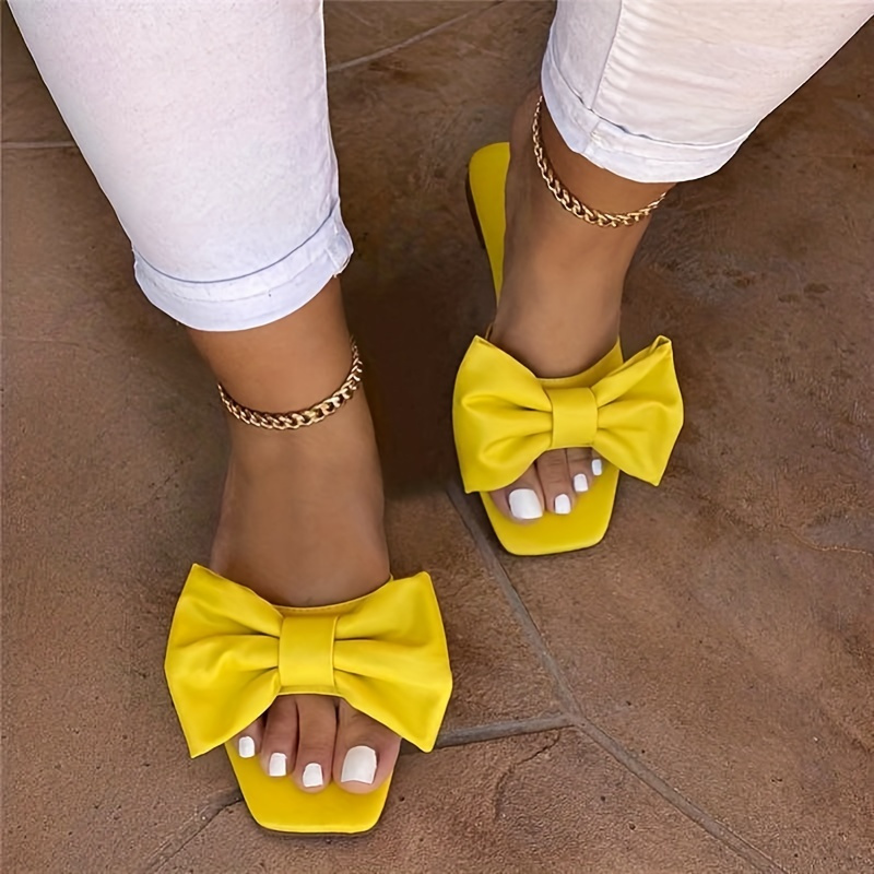 

Women's Bowknot Flat Slippers, Solid Color Square Open Toe Non Slip Slides Shoes, Versatile Indoor & Outdoor Slippers