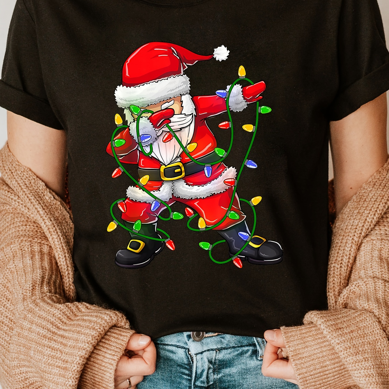 

Women's Cotton T-shirt With Santa Entangled In Christmas Lights Print - 100% Cotton Casual Crew Neck Top With Slight Stretch, Cartoon Pattern, Regular Length - Knit Fabric Tee For All Seasons