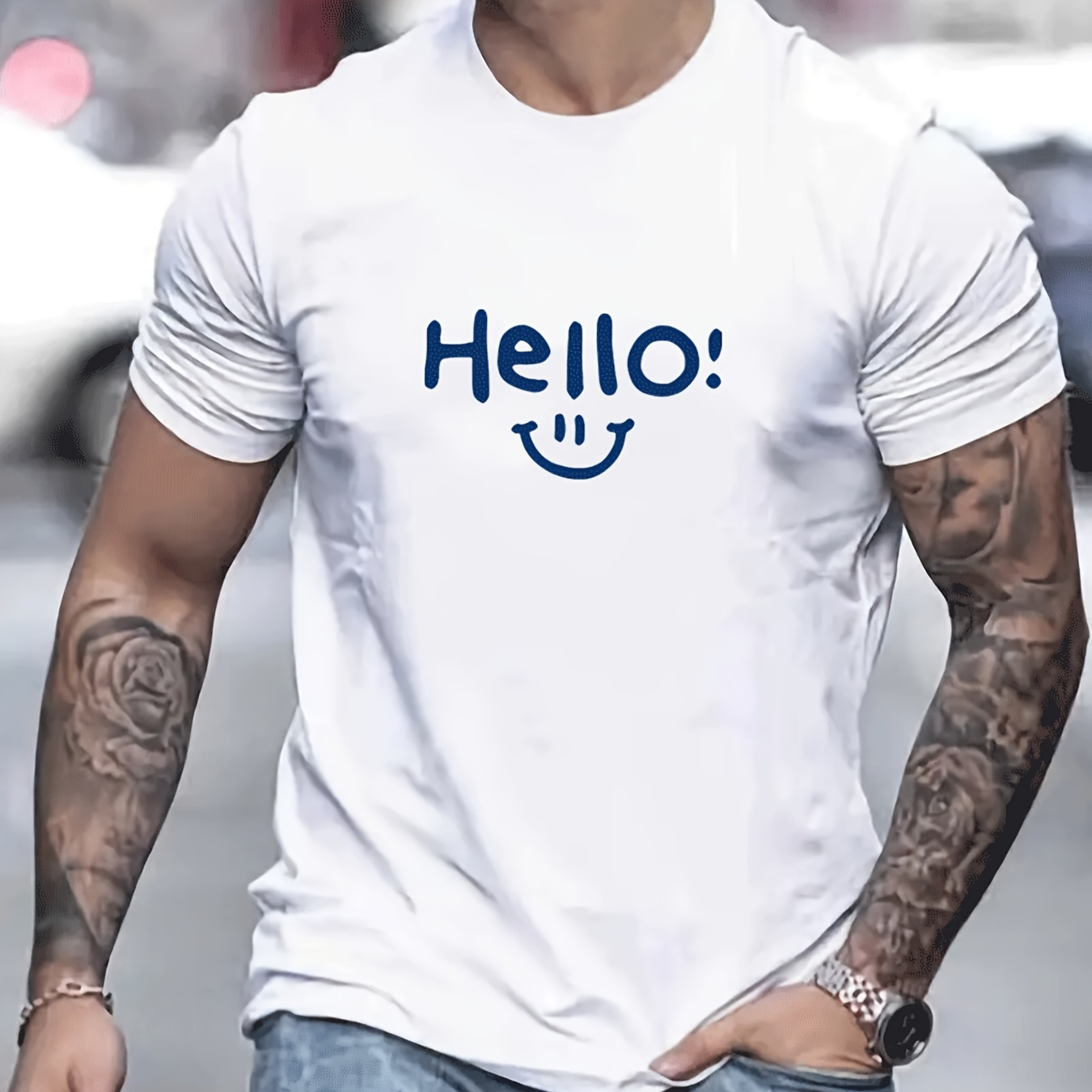 

hello" Print T-shirt, Men's Casual Street Style Stretch Round Neck Tee Shirt For Summer