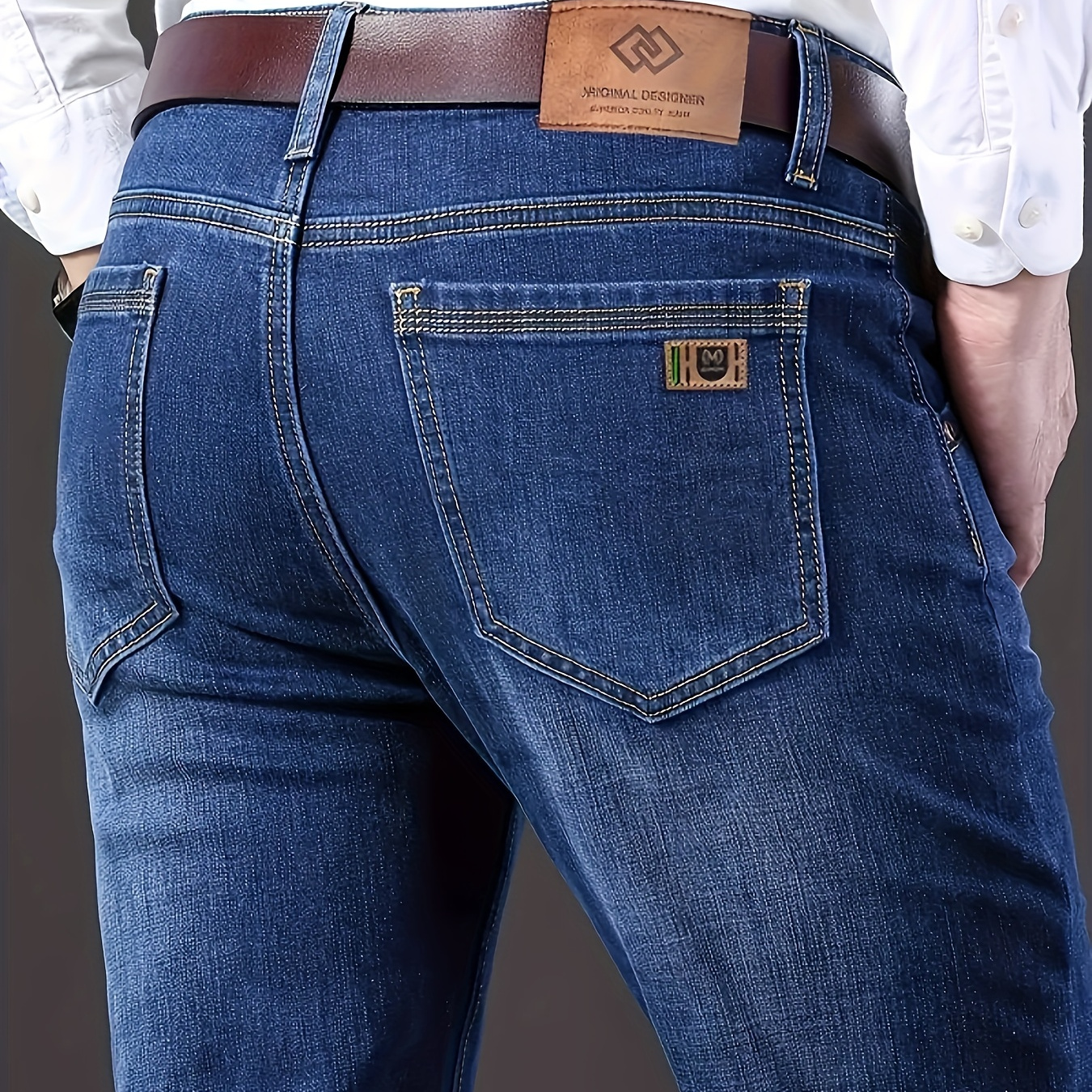 

Men's Solid Denim Pants With Pockets, Formal Cotton Blend Jeans For Outdoor Activities