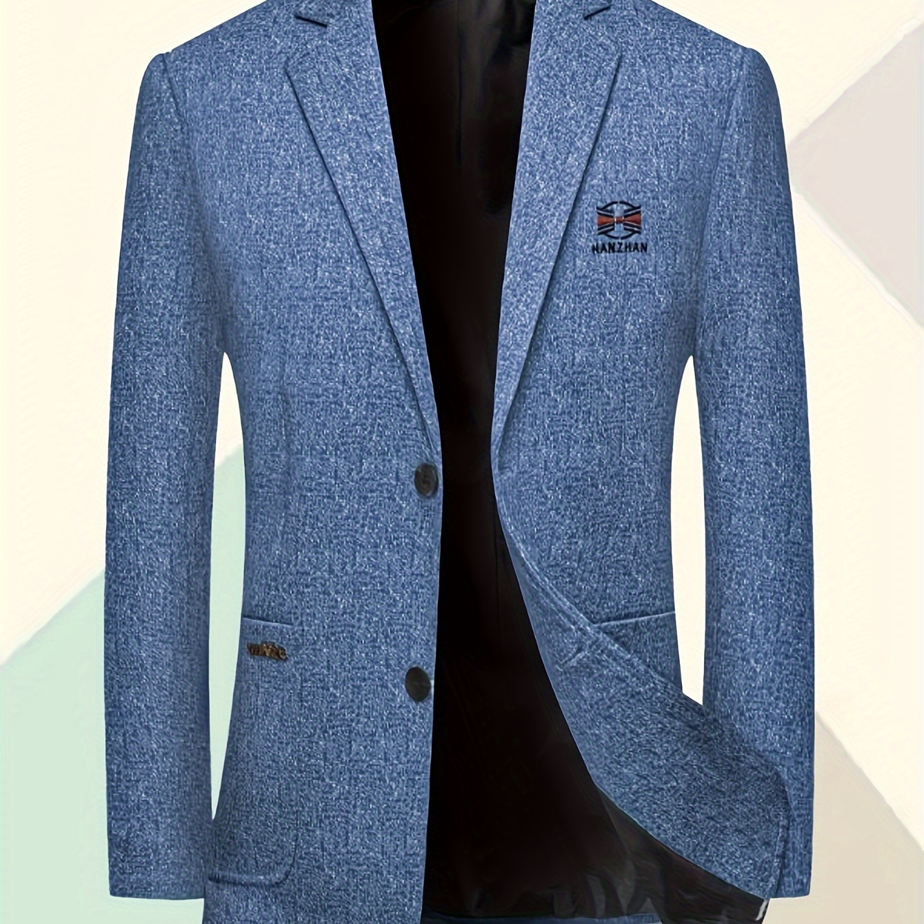 

Men' Blue Casual Blazer - Stylish Polyester/viscose , Button-up With Lapel Collar, Long Sleeves, Machine Washable For Business And Social Events /fall