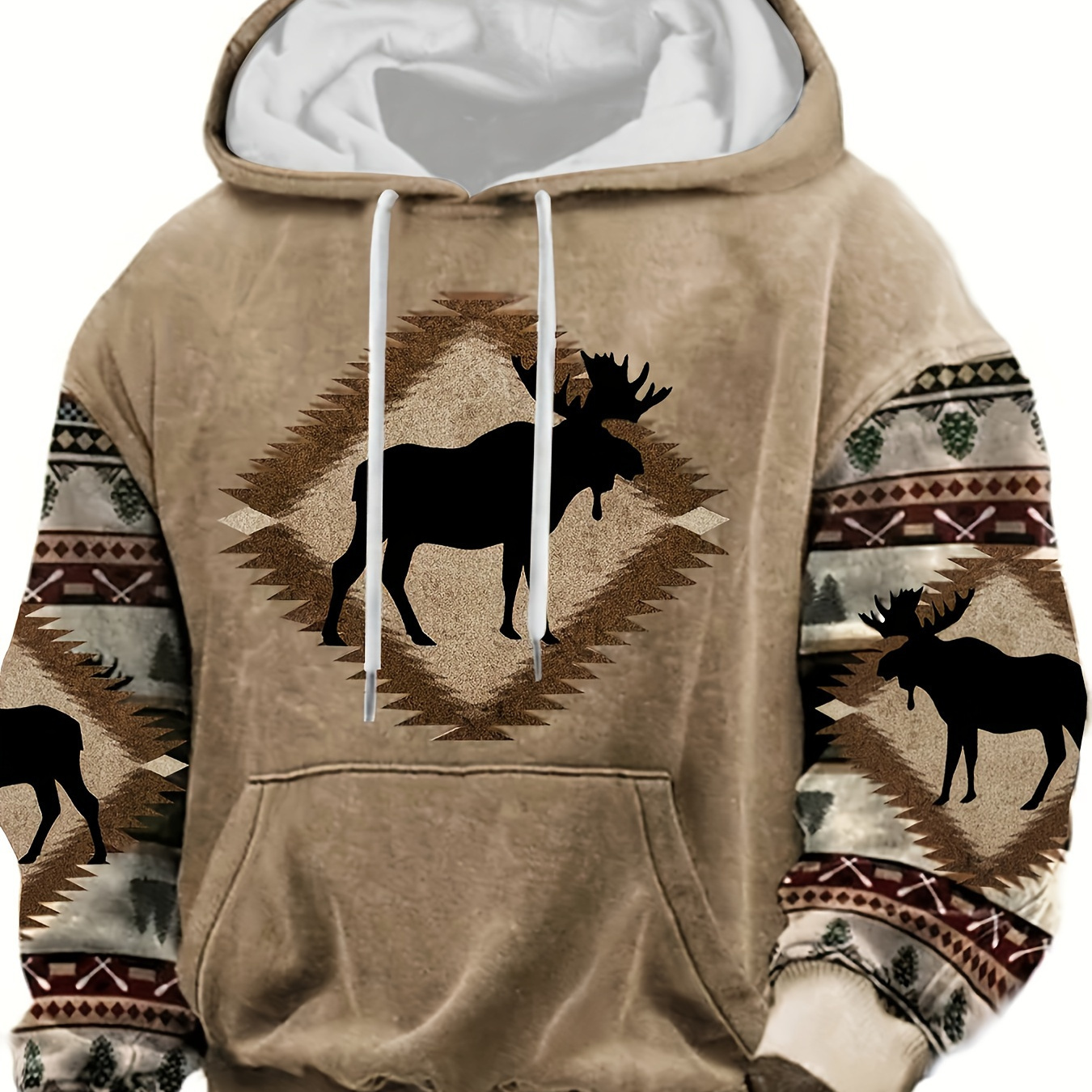 

Plus Size Men's Stylish Loose Deer Pattern Hoodie With Pockets, Casual Breathable Long Sleeve Hooded Sweatshirt For City Walk Street Hanging Outdoor Activities, Men's Clothing