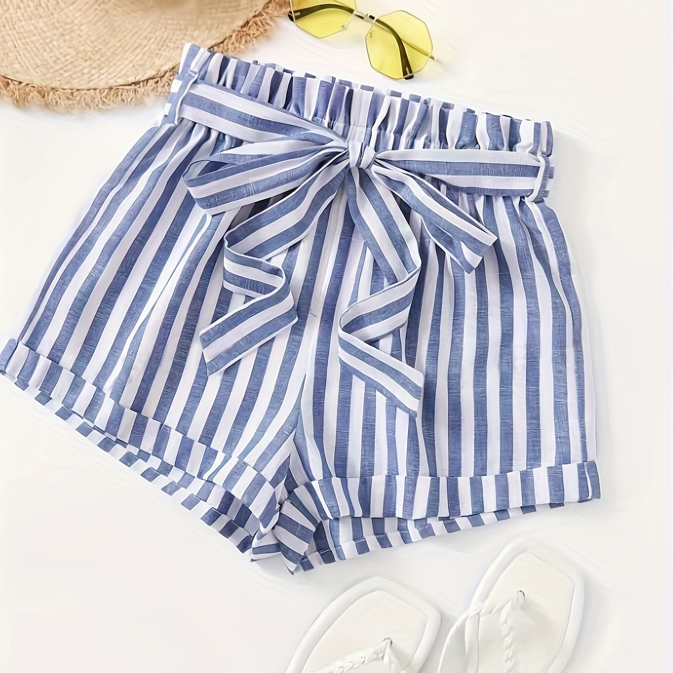 

Stripe Print High Waist Loose Shorts, Casual Knot Waist Shorts For Spring & Summer, Women's Clothing