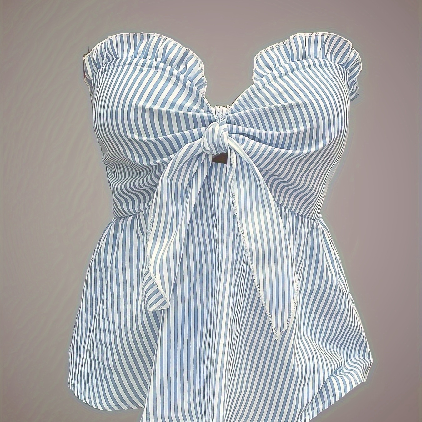 

Striped Ruffle Trim Knotted Tube Top, Elegant Sleeveless Strapless Top, Women's Clothing
