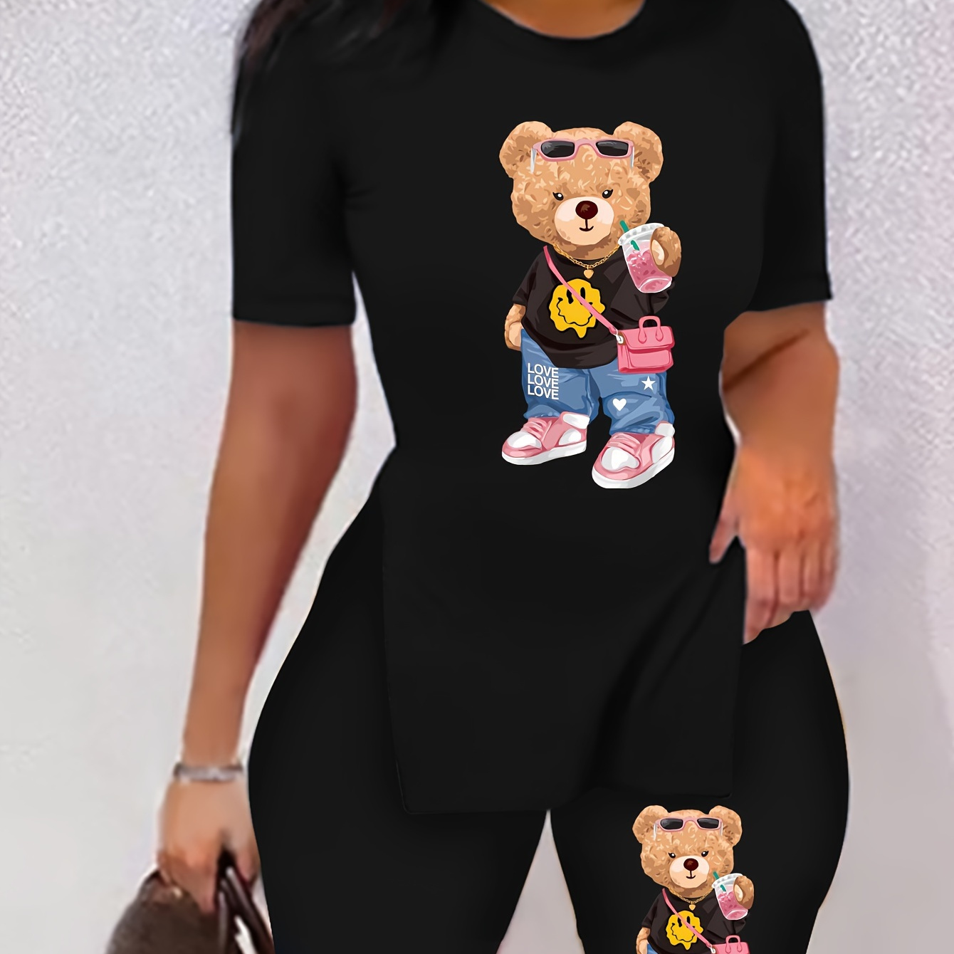 

Teddy Bear Print 2 Piece Set, Short Sleeves Crew Neck T-shirt & Skinny High Waist Leggings, Women's Clothing