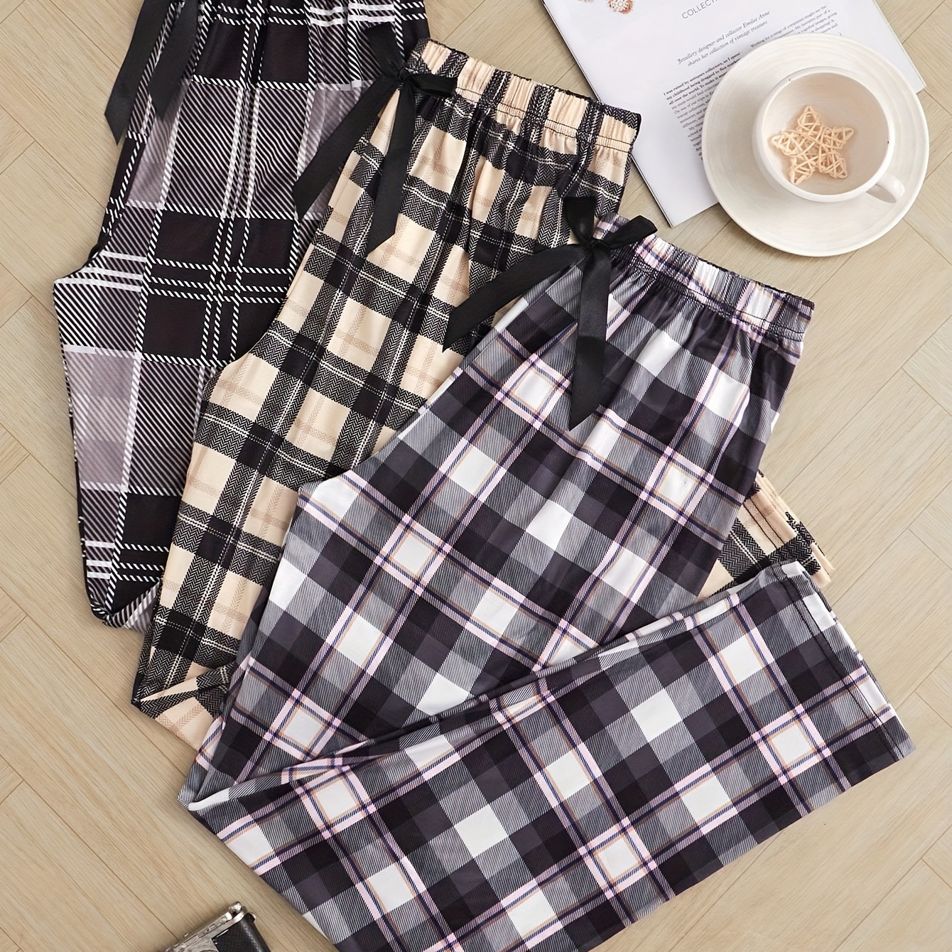 

3-pack Women's Pajama Pants With Bow Tie, Casual Plaid Print Lounge Sleepwear, Long Trousers In Mature Style, Comfort Fit