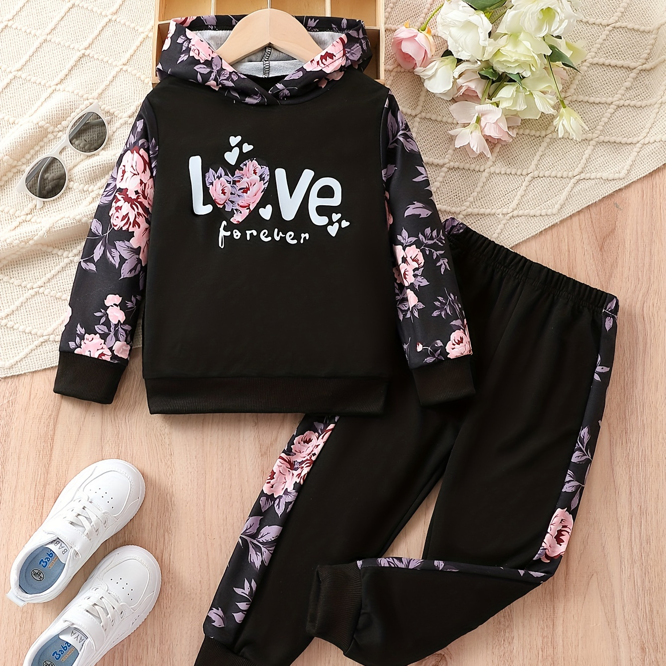 

2pcs Contrast Colors Letter Pattern Hoodies & Flower Print Pants Set, Comfy Outfits For Girls Sports Autumn Clothes