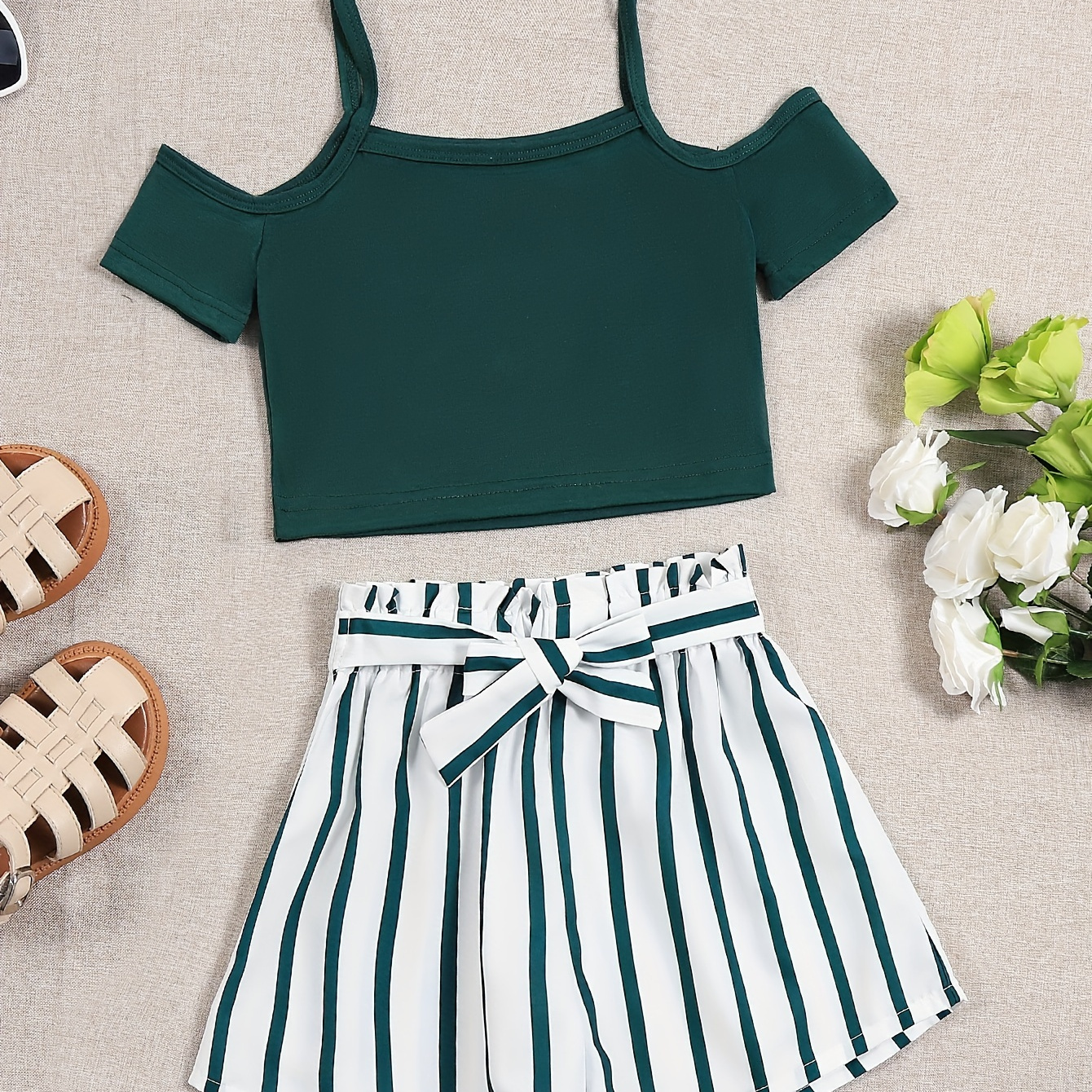 

Girls 2pcs Cold Shoulder Short Top + Stripe Shorts Set, Casual Holiday Summer Outfit