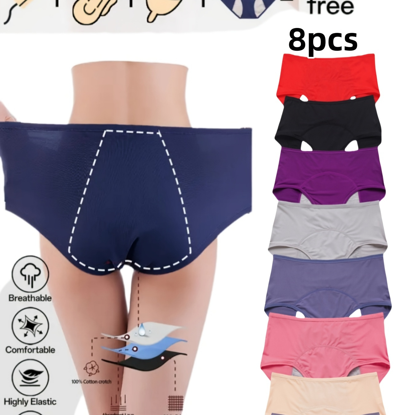 

8pcs Moonyutu High-waist Leakproof Period Panties For Women - Tummy Control, Stretchy Nylon , Breathable & Skin-friendly, Solid Colors With Absorbent Layer, Fit Briefs