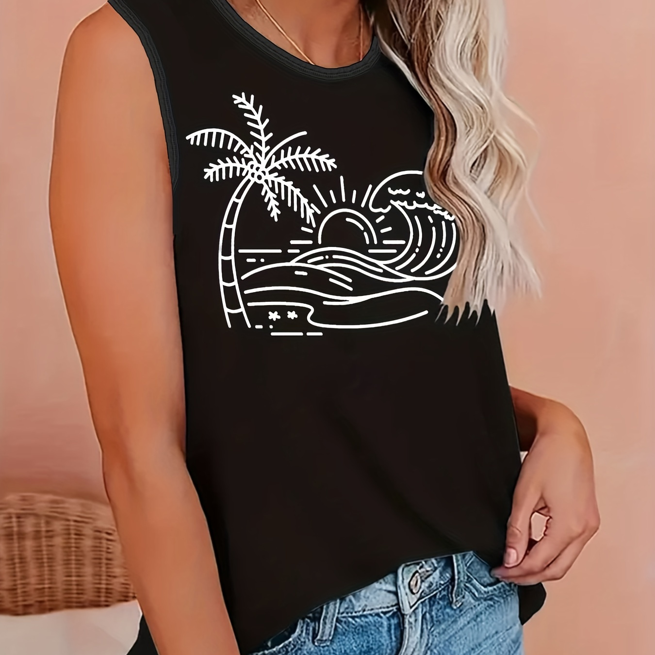 Plus Size Casual Tank Top, Women's Plus Coconut Tree & Wave Print Round Neck Medium Stretch Tank Top