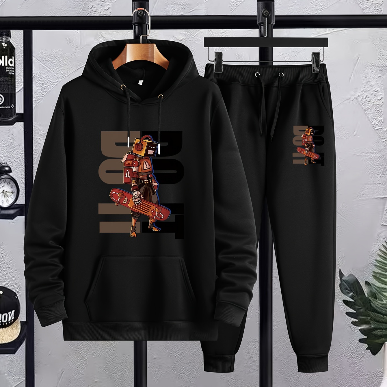 

Plus Size Men's Cartoon Robot & Skateboard Print Sweatshirt & Sweatpants Set For Fall Winter, Men's Clothing