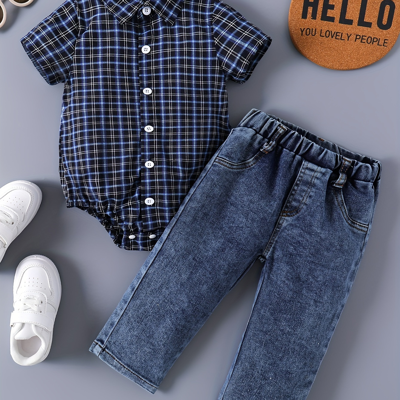 

2-piece Cotton Set For Baby Boys, Summer Casual Style, Short-sleeve Plaid Collared Romper With Denim Long Pants, Toddler Outfits