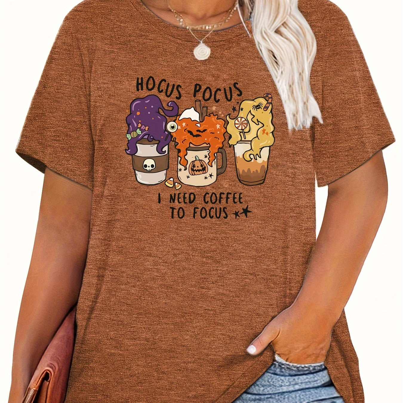 

Plus Size Halloween Coffee Print Crew Neck T-shirt, Casual Short Sleeve T-shirt For Spring & Summer, Women's Plus Size Clothing