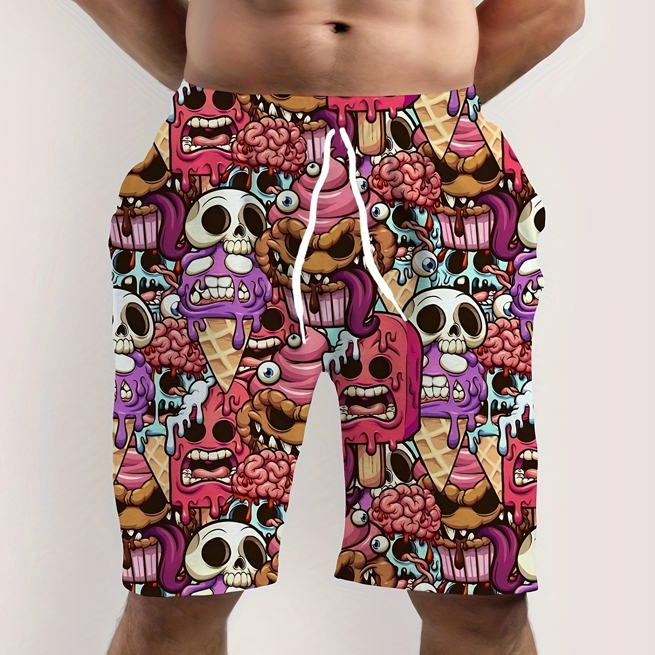 

Comic Style Skull And Ice Pop Pattern Shorts With Drawstring And Pockets, Novel And Chic Shorts Suitable For Summer Street, Sports And Beach Wear