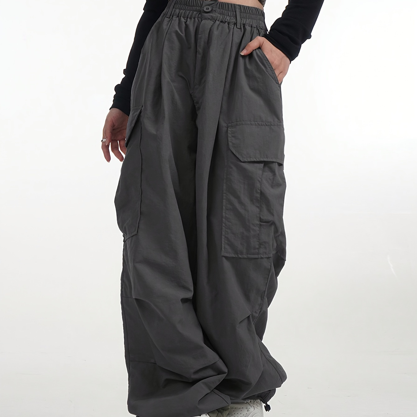 

Slant Pockets Straight Leg Cargo Pants, Casual High Waist Pants For Spring & Fall, Women's Clothing