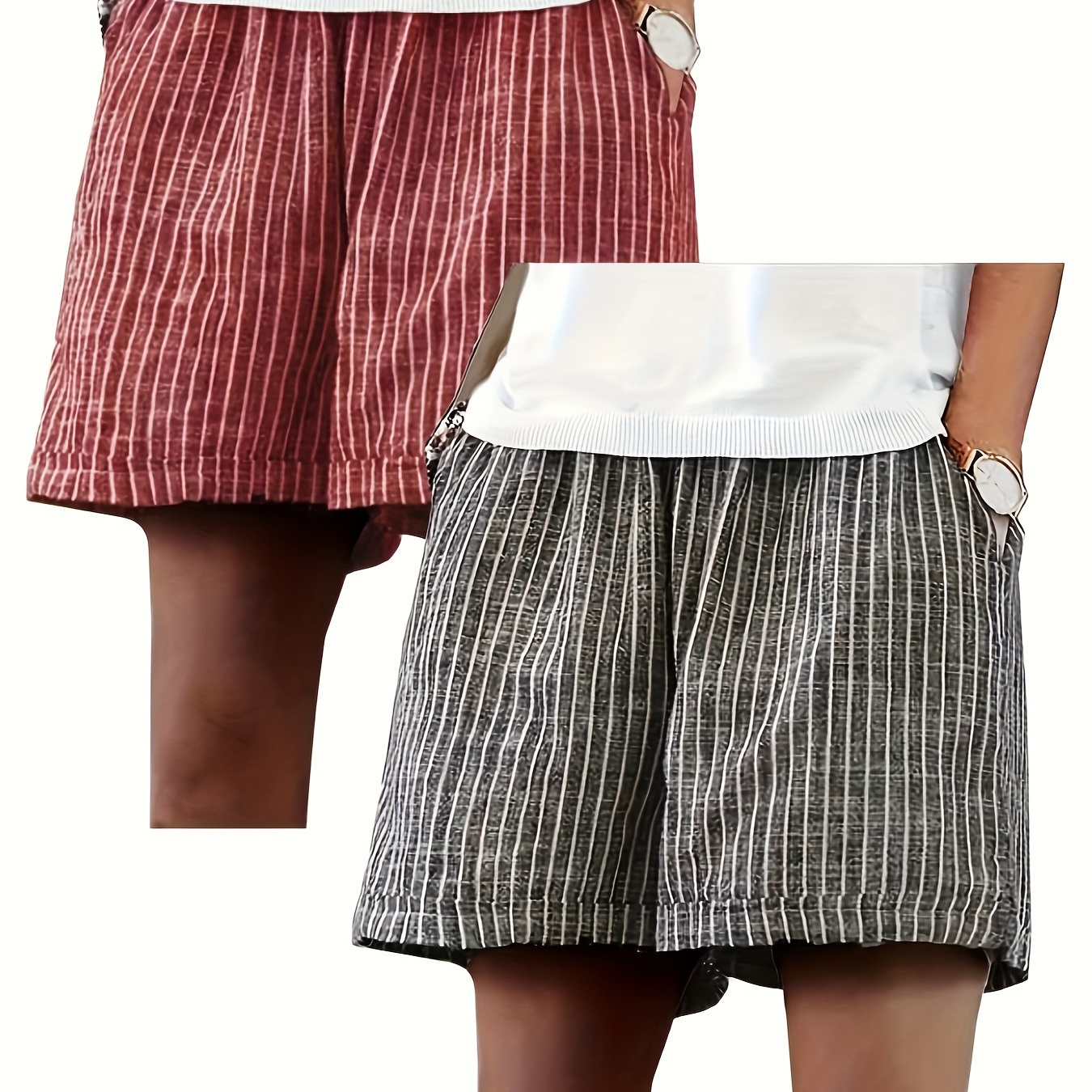 

2 Pack Striped Slant Pocket Shorts, Casual Solid Color Baggy Walking Shorts For Spring & Summer, Women's Clothing