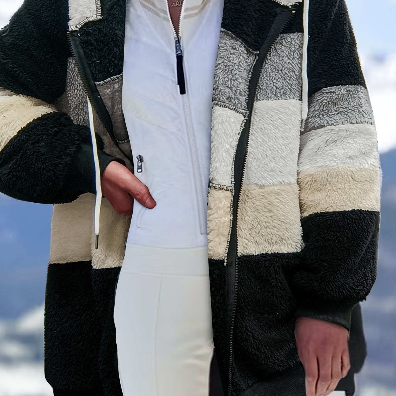 

Plus Size Casual Coat, Women's Plus Colorblock Teddy Fleece Long Sleeve Zip Up Hooded Drawstring Tunic Coat