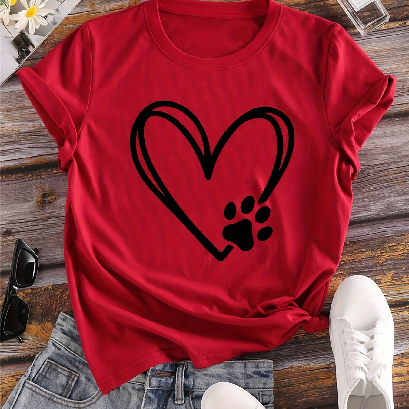 

Plus Size Heart & Paw Print T-shirt, Casual Short Sleeve Top For Spring & Summer, Women's Plus Size Clothing