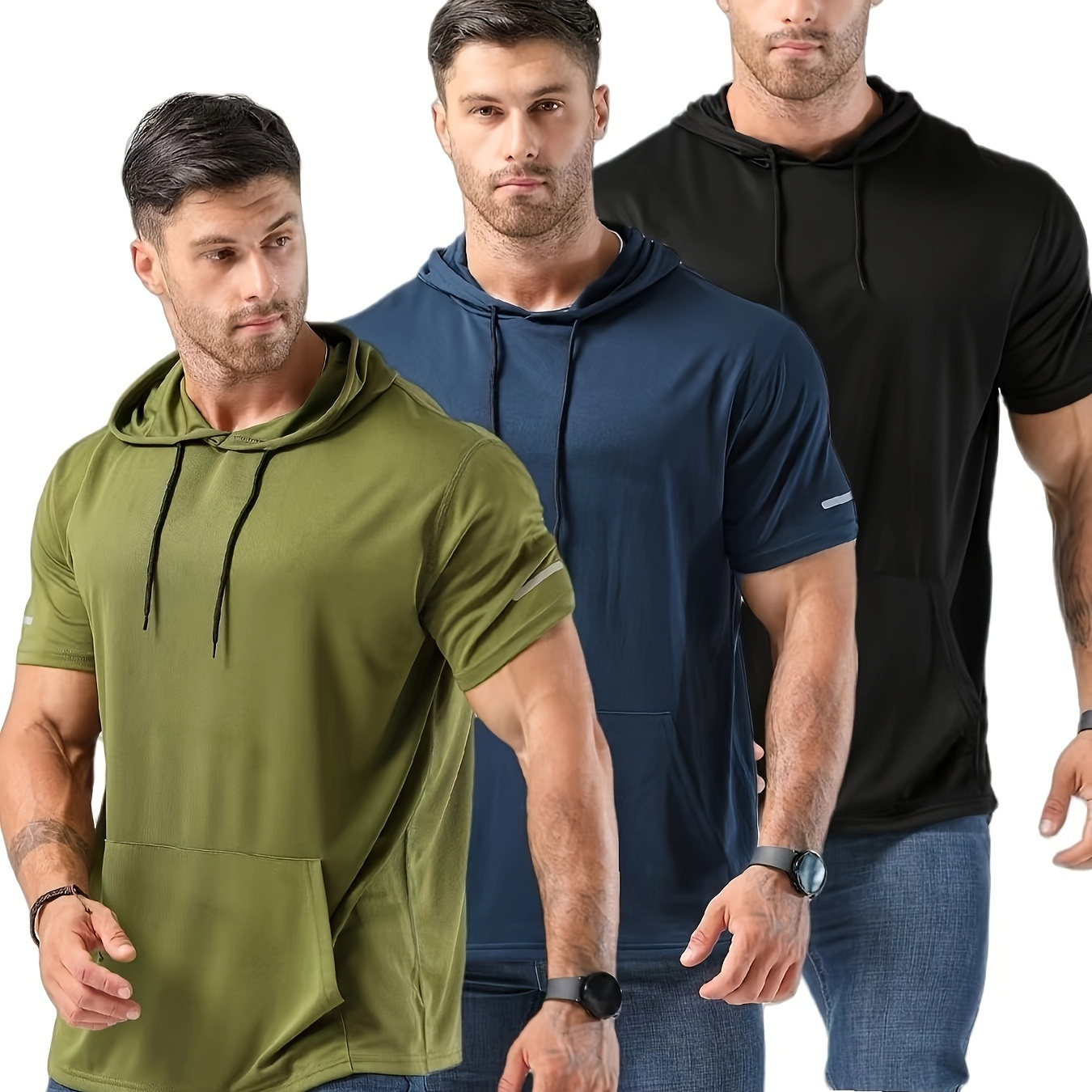 

Men's 3pcs Athletic Hooded T-shirts - Solid Color, Short Sleeve, Breathable Polyester, Machine Washable - Running & Workouts