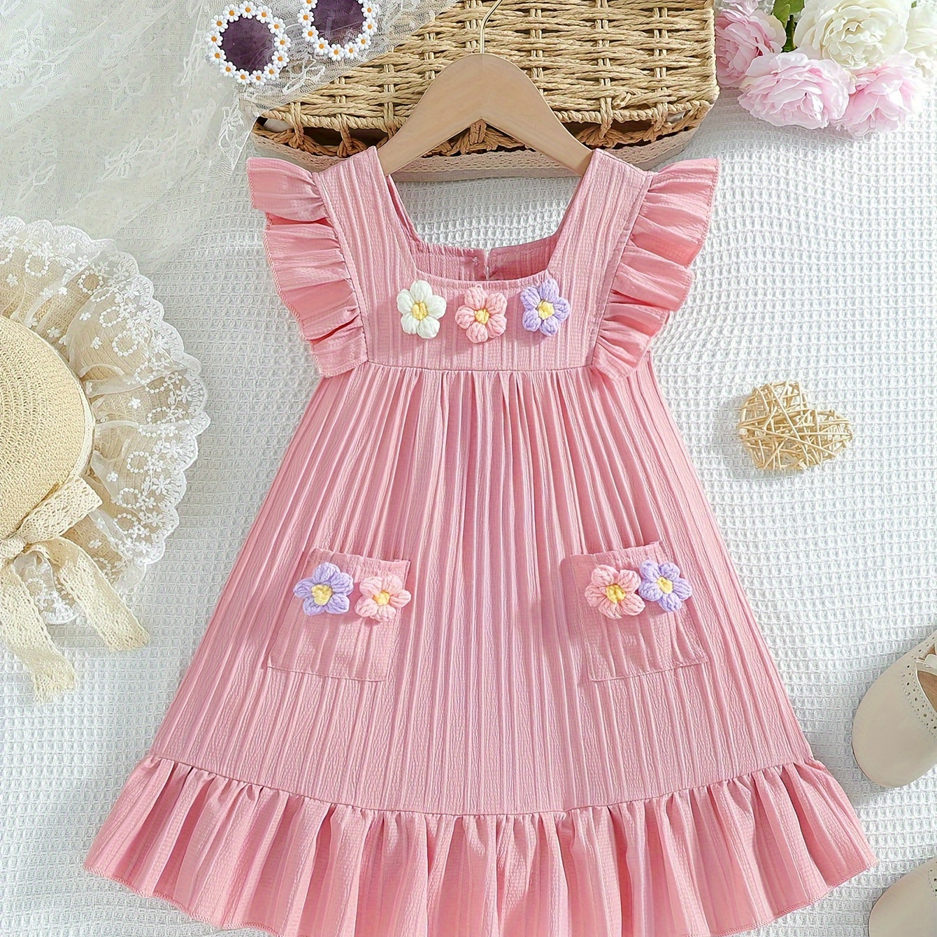 TEMU Girls Sweet Flowers Decor Square Neck Woven Dress Holiday Casual Princess Dress For Summer