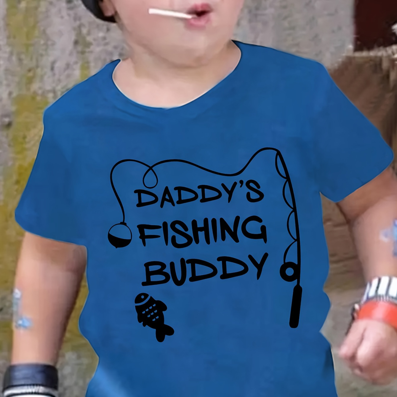 

Daddy's Fishing Buddy Print Boys Creative T-shirt, Trendy Versatile & Comfortable Short Sleeve Tee For Toddler Kids, As Gift