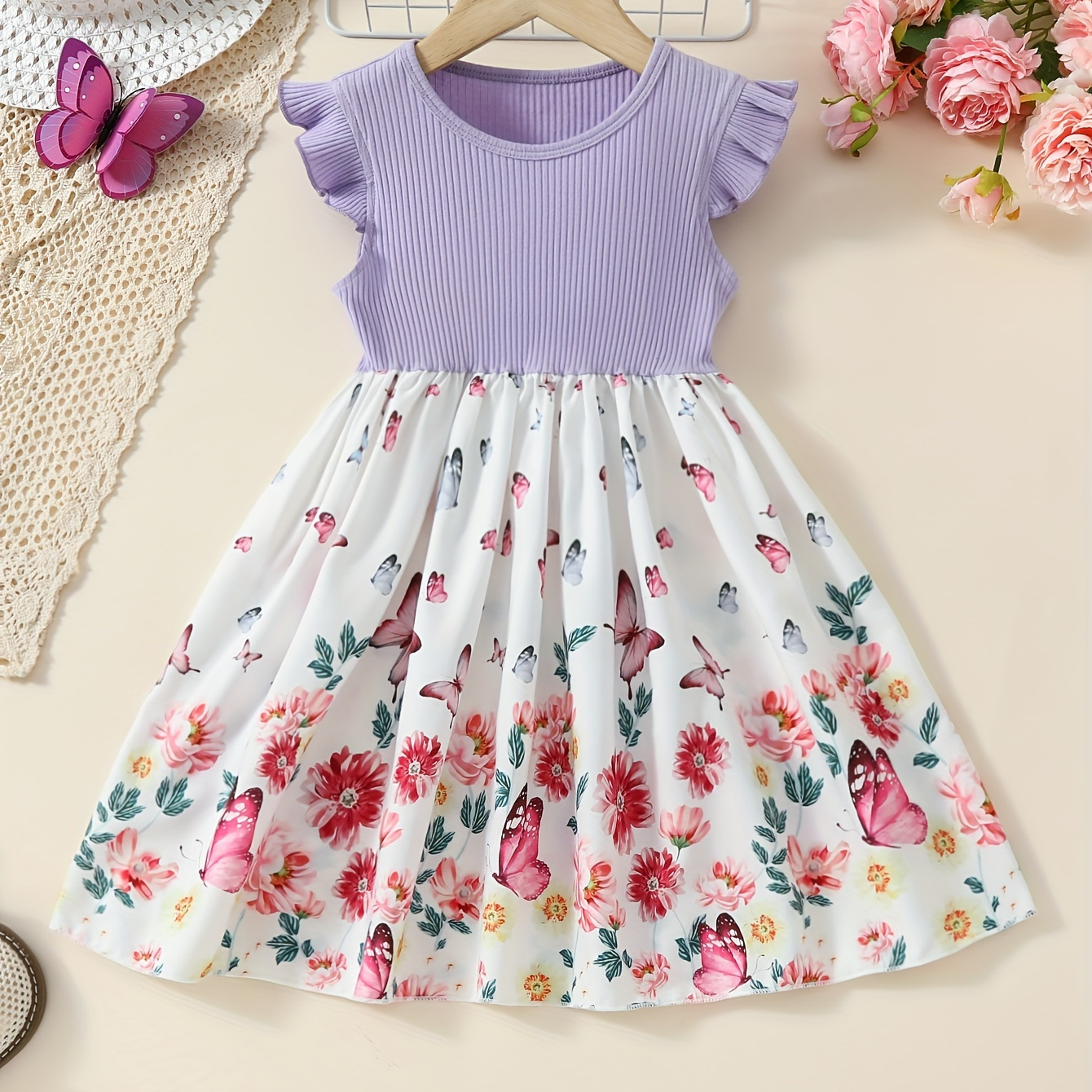 

Sweet Girls Splicing Flower & Butterfly Graphic Flutter Trim Dress Summer Clothes