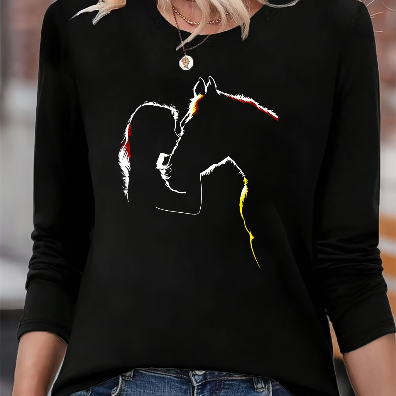 

Chic Horse Print Long Sleeve T-shirt For Women - Crew Neck, Casual Fit, Machine Washable - Spring & Fall