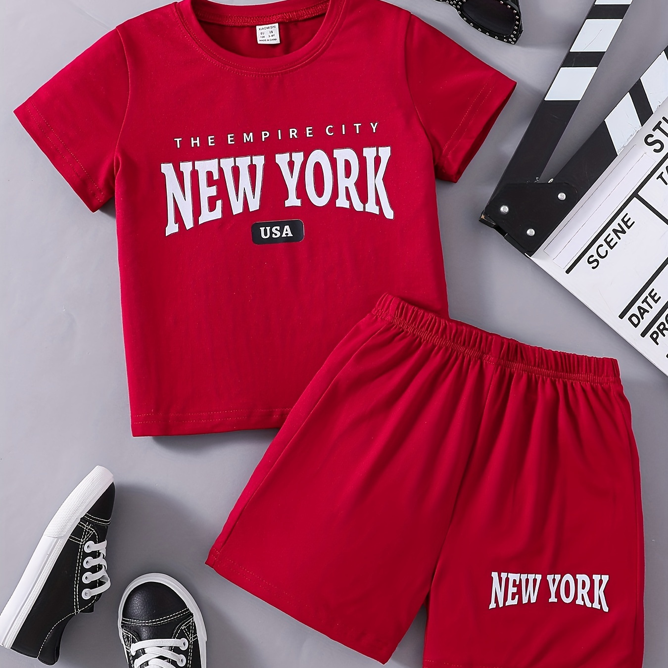 2pcs Toddler Boys Letter "NEW YORK" Graphic T-Shirts Casual Round Neck Tees Top & Elastic Waist Shorts Set Kids Summer Clothes