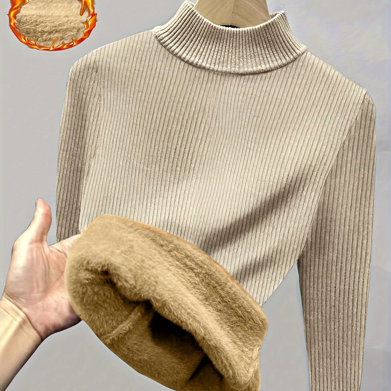 

Solid Color Mock Neck Fleece Sweater, Elegant Long Sleeve Thermal Pullover Sweater, Women's Clothing