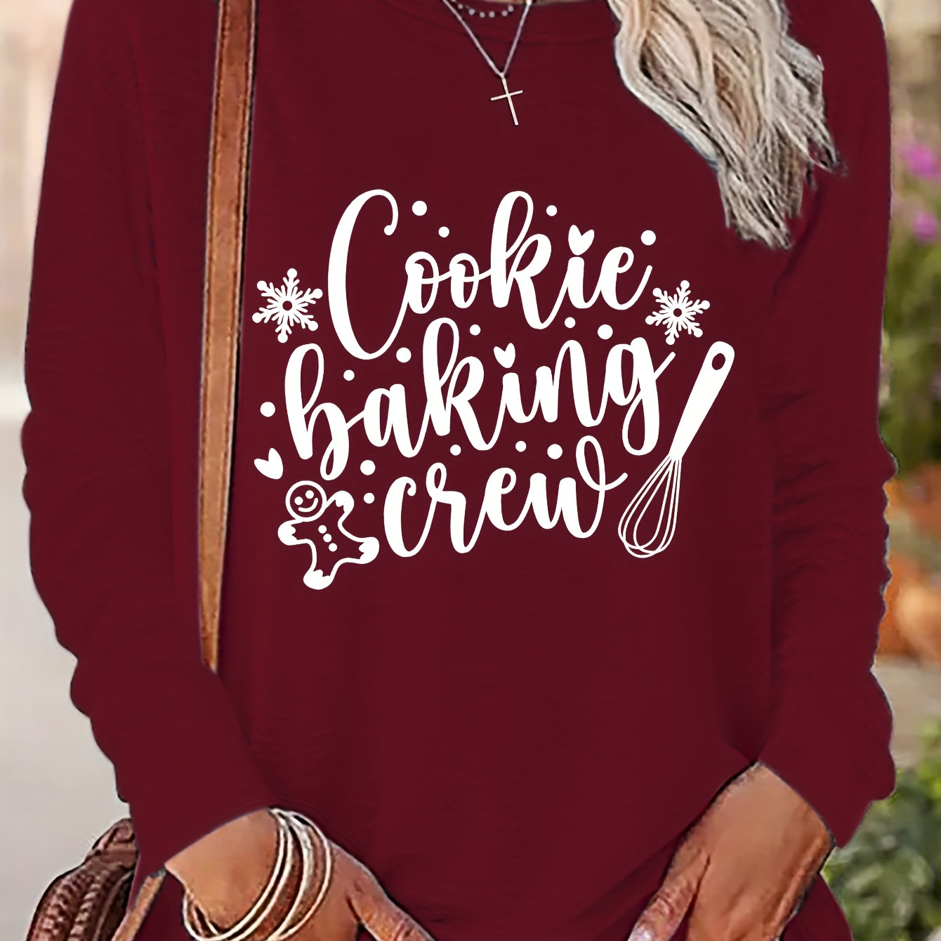 

Women's Long Sleeve T-shirt, "cookie Baking Crew" Letter Print, Casual Round Neck, Polyester Knit, Regular Fit, Autumn/winter Season, Patchwork Detail