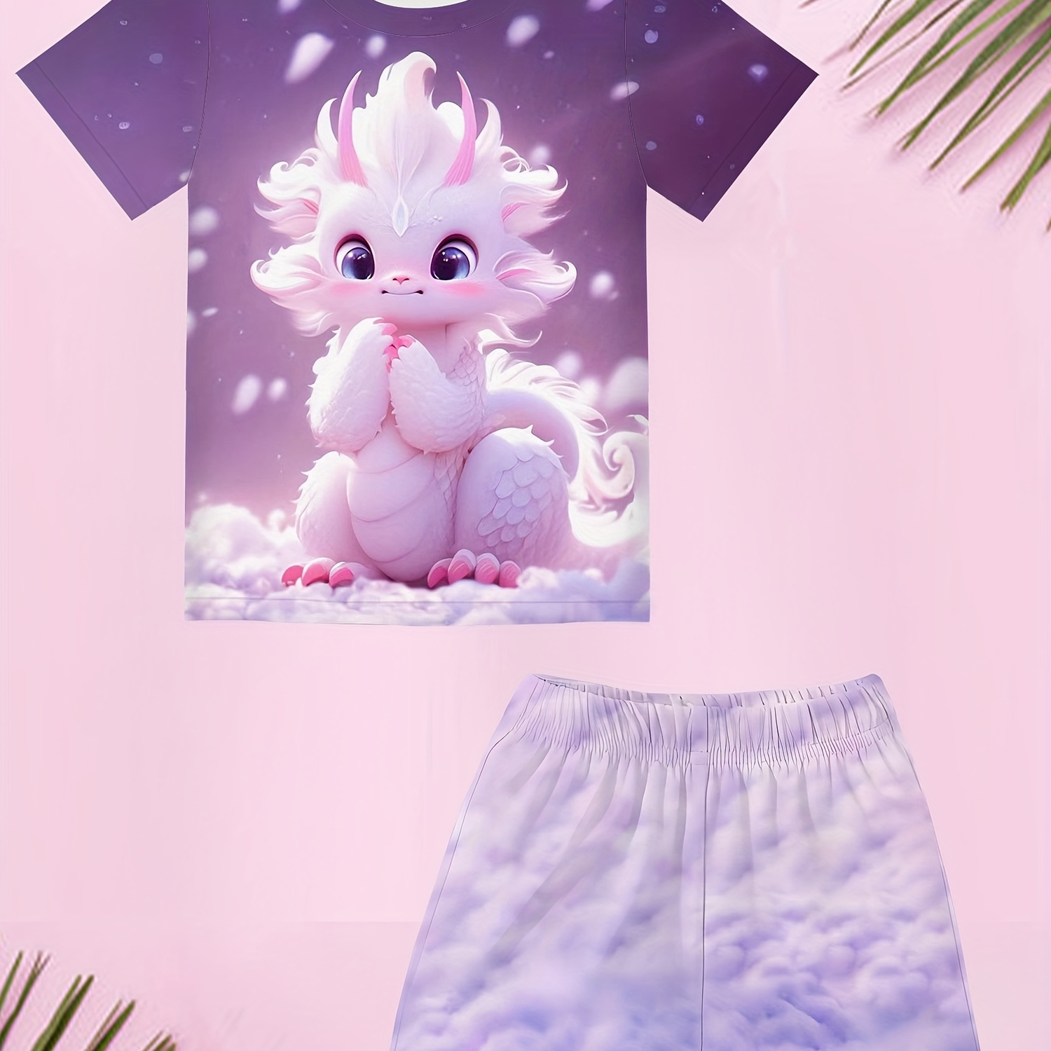 

Cute Dragon Baby Print Set, Girls' Summer Comfort Sports Set, Children's Short Sleeve T-shirt Shorts 2 Sets, Girls' Going Out Comfortable Short Sleeve T-shirt Shorts