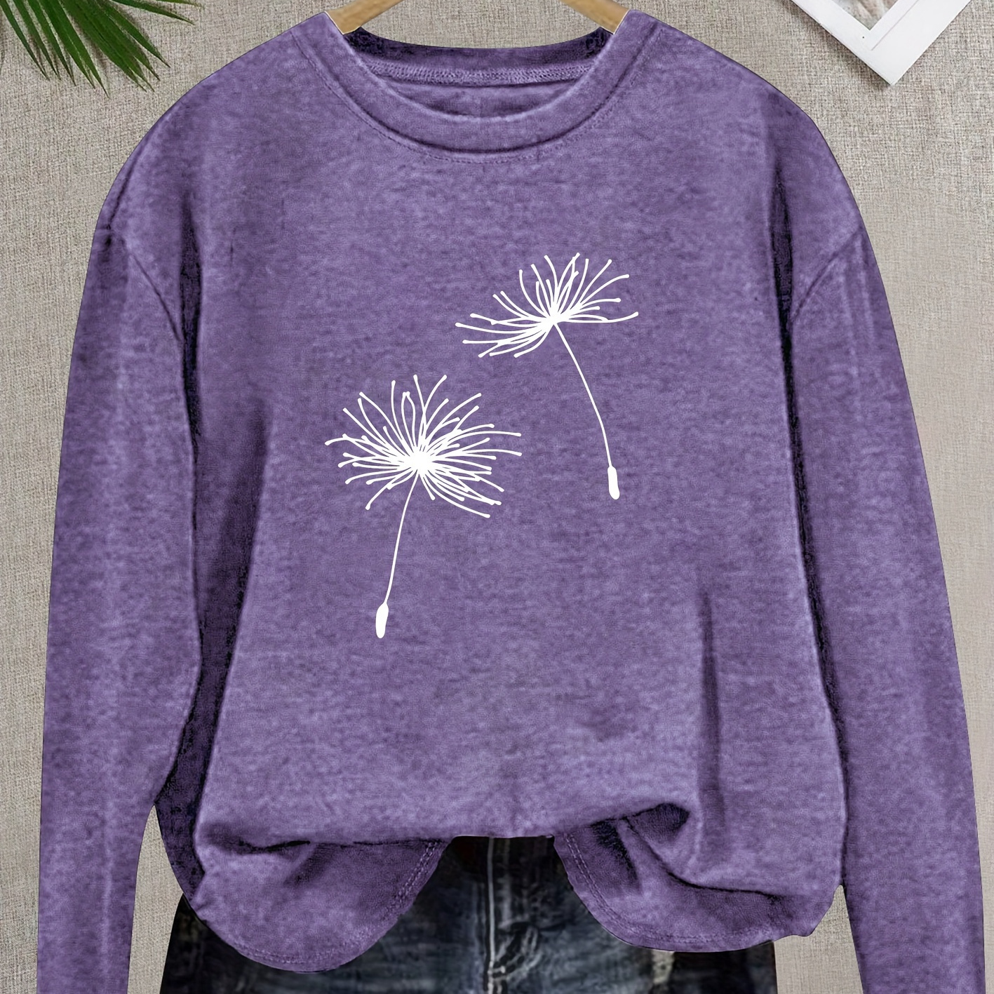 

Dandelion Print Comfy T-shirt, Round Neck Long Sleeve Sports Tee For Fall, Women's Activewear