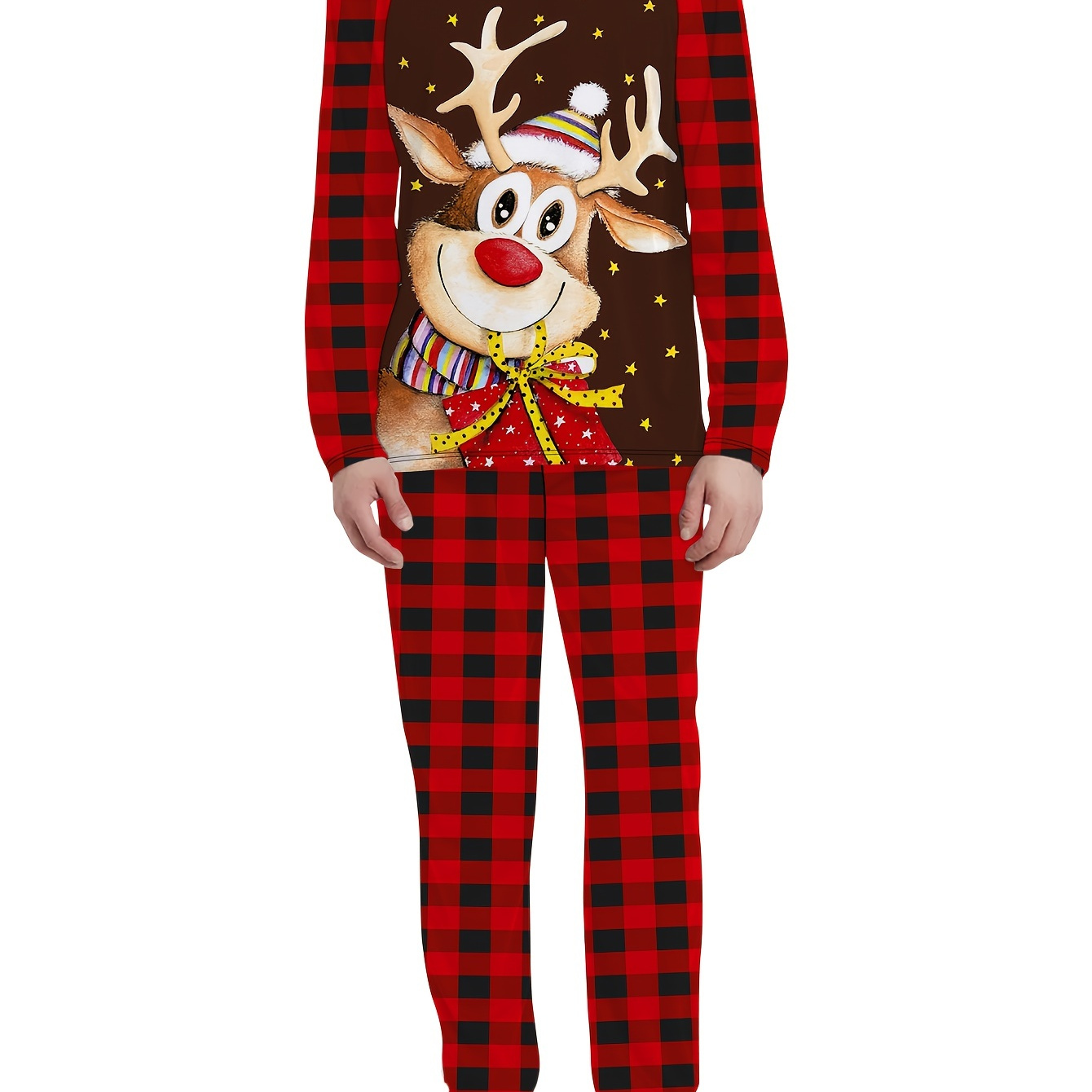 Men's Trendy Casual Christmas Pajamas Sets, Deer Elk Antler Graphic Print Long Sleeve Crew Neck Top & Plaid Loose Pants Lounge Wear