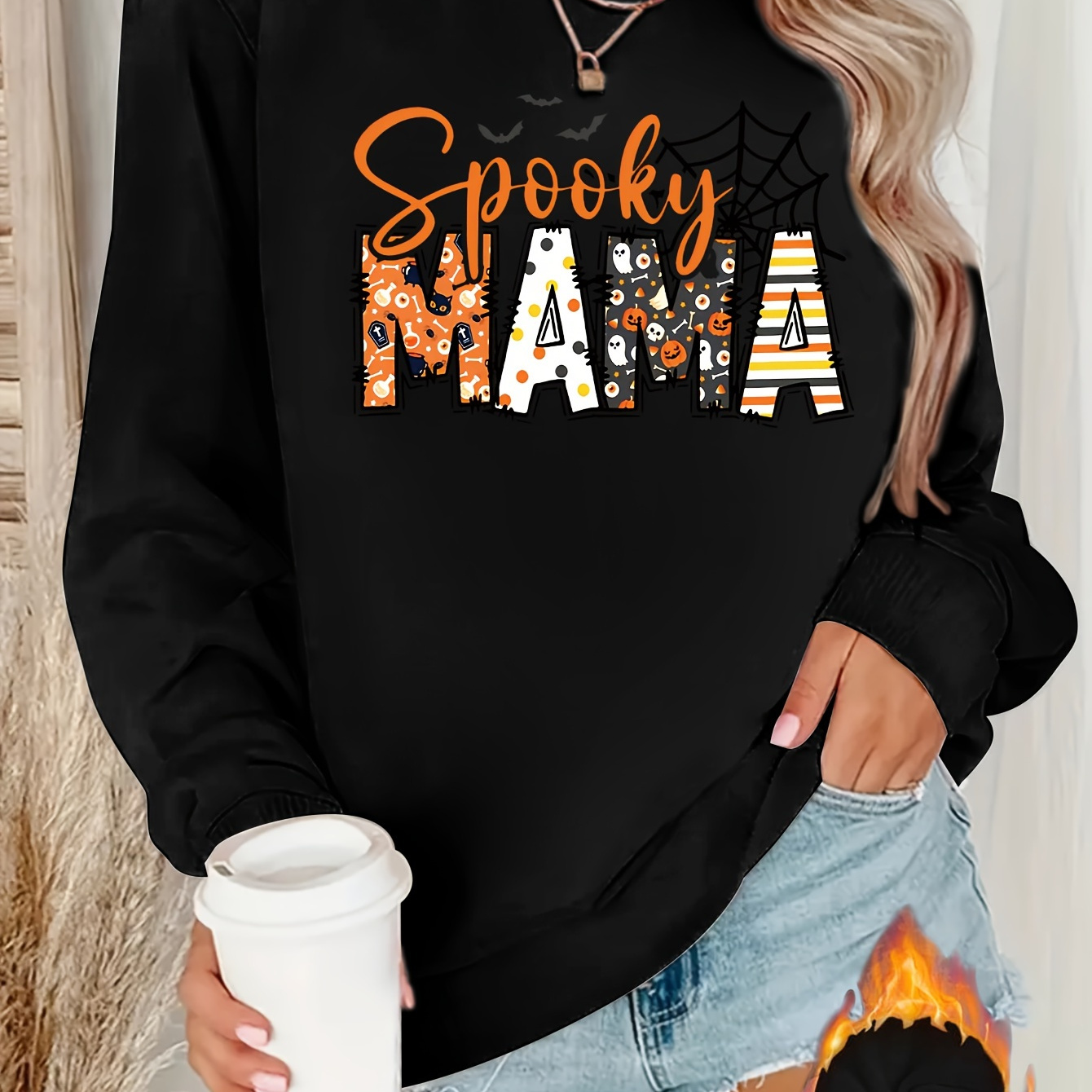 

Women's Casual Crew Neck Sweatshirt With Spooky Alphabet Applique Pattern - 100% Polyester Knit Fabric For Fall/winter