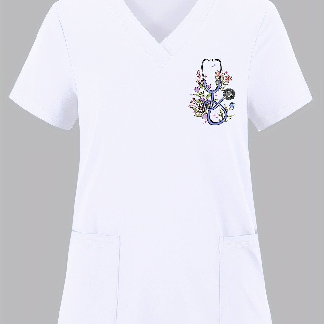 

Women's Elegant Floral Stethoscope Print V-neck Scrub Top, Polyester Knit Fabric With Medium Stretch, Short Sleeve Nurse Uniform With Pockets, Loose Fit Pullovers