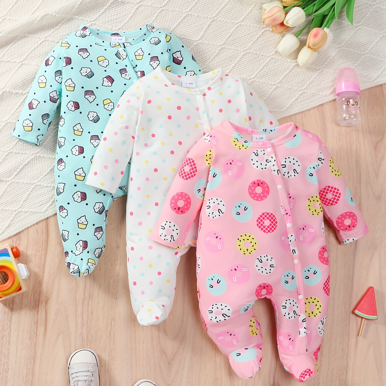 

3pcs Newborn Baby's Colorful Pattern Footed Bodysuit, Casual Long Sleeve Romper, Toddler & Infant Girl's Onesie, As Gift