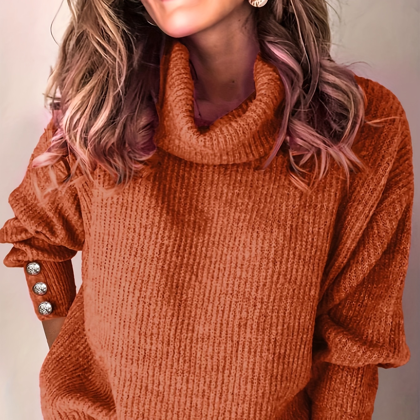 

Women' Color Casual Sweater With Metallic Decorative Buttons And A High Neck, Featuring Shoulders.