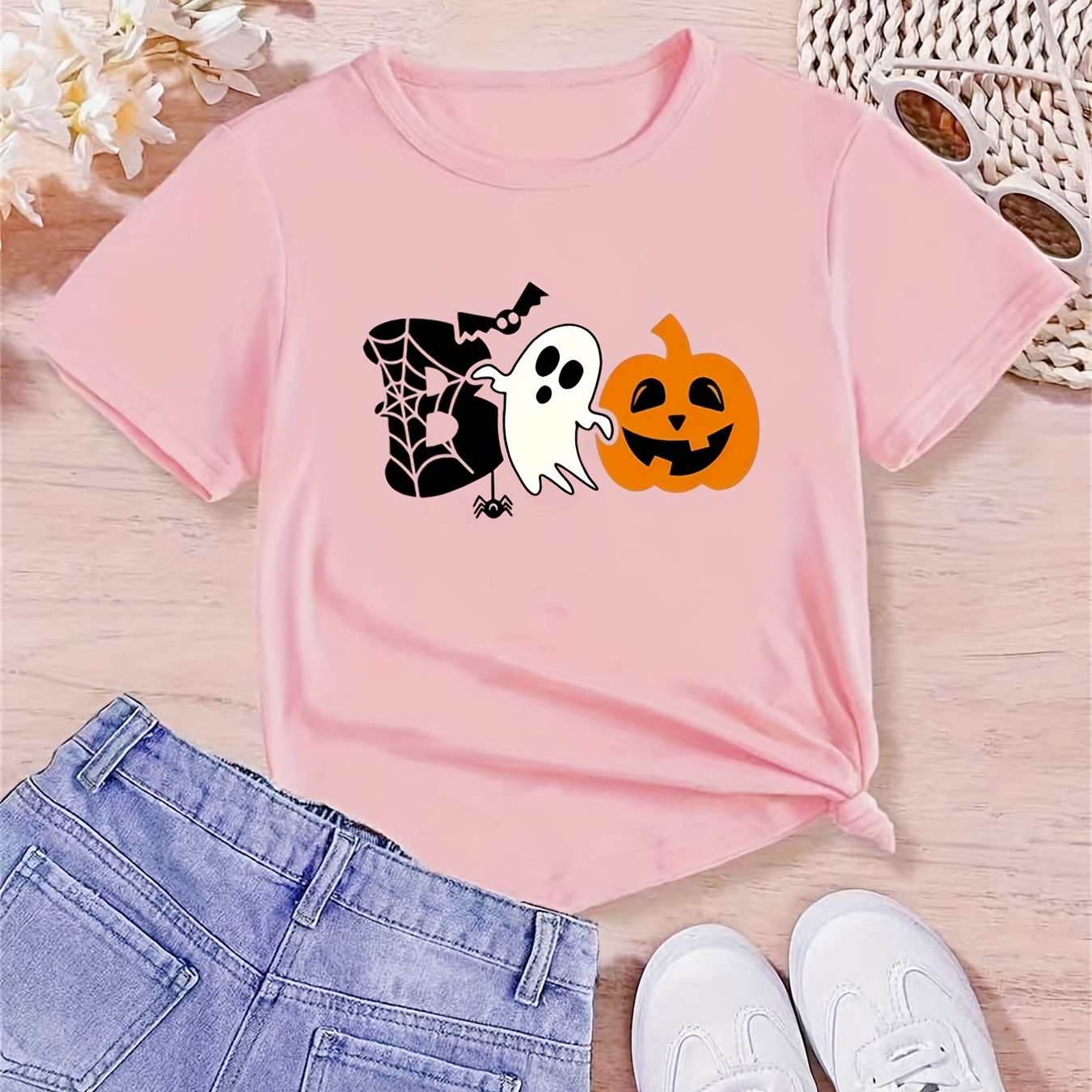 

Boo Print Creative T-shirts, Soft & Elastic Comfy Crew Neck Short Sleeve Tee, Summer Tops