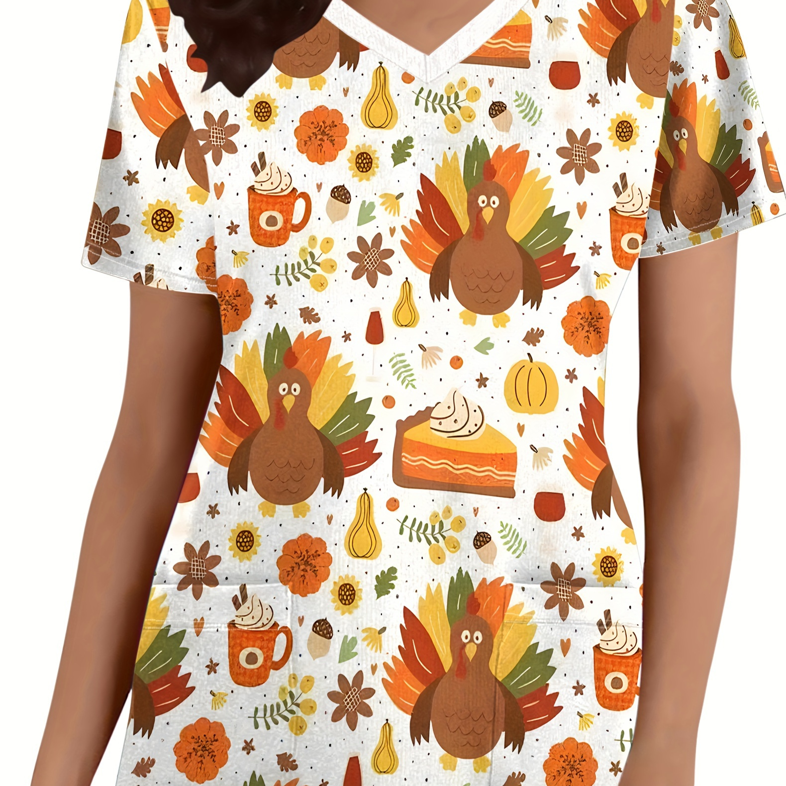 

Cartoon Turkey Print Short Sleeve V-neck Scrub Top With Pocket, Comfortable & Care Uniform For Nurse, Women's Clothing, , , Fashion