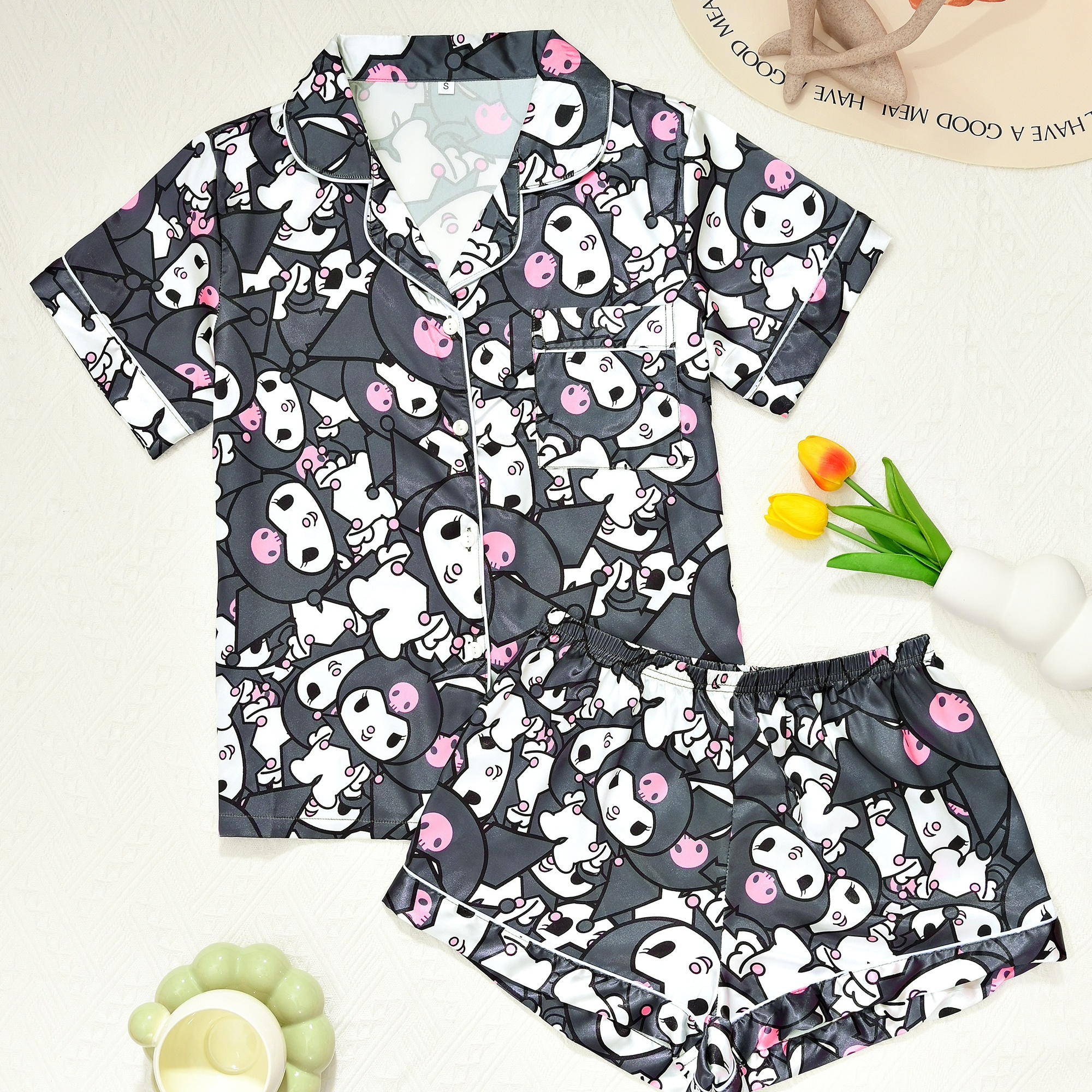 

Sanrio Authorized Kuromi Pajama Set For Women, Casual Satin Sleepwear With Lapel Collar, Short Sleeve Shirt And Shorts, Cartoon Pattern, Button Detail, 97% Polyester 3% Elastane, 90gsm - Adult