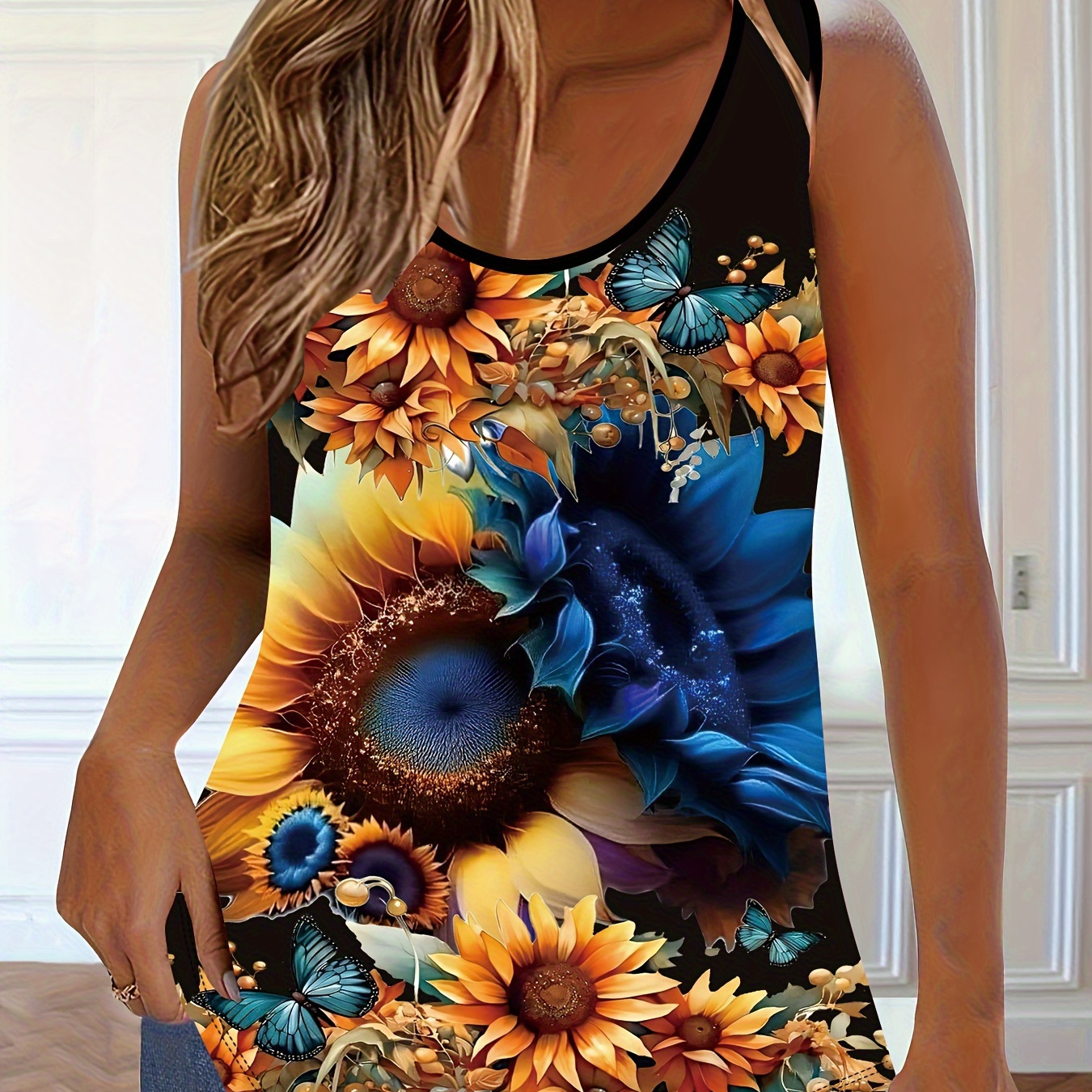 

Plus Size Sunflower Print Tank Top, Casual Sleeveless Crew Neck Top For Summer & Spring, Women's Plus Size Clothing