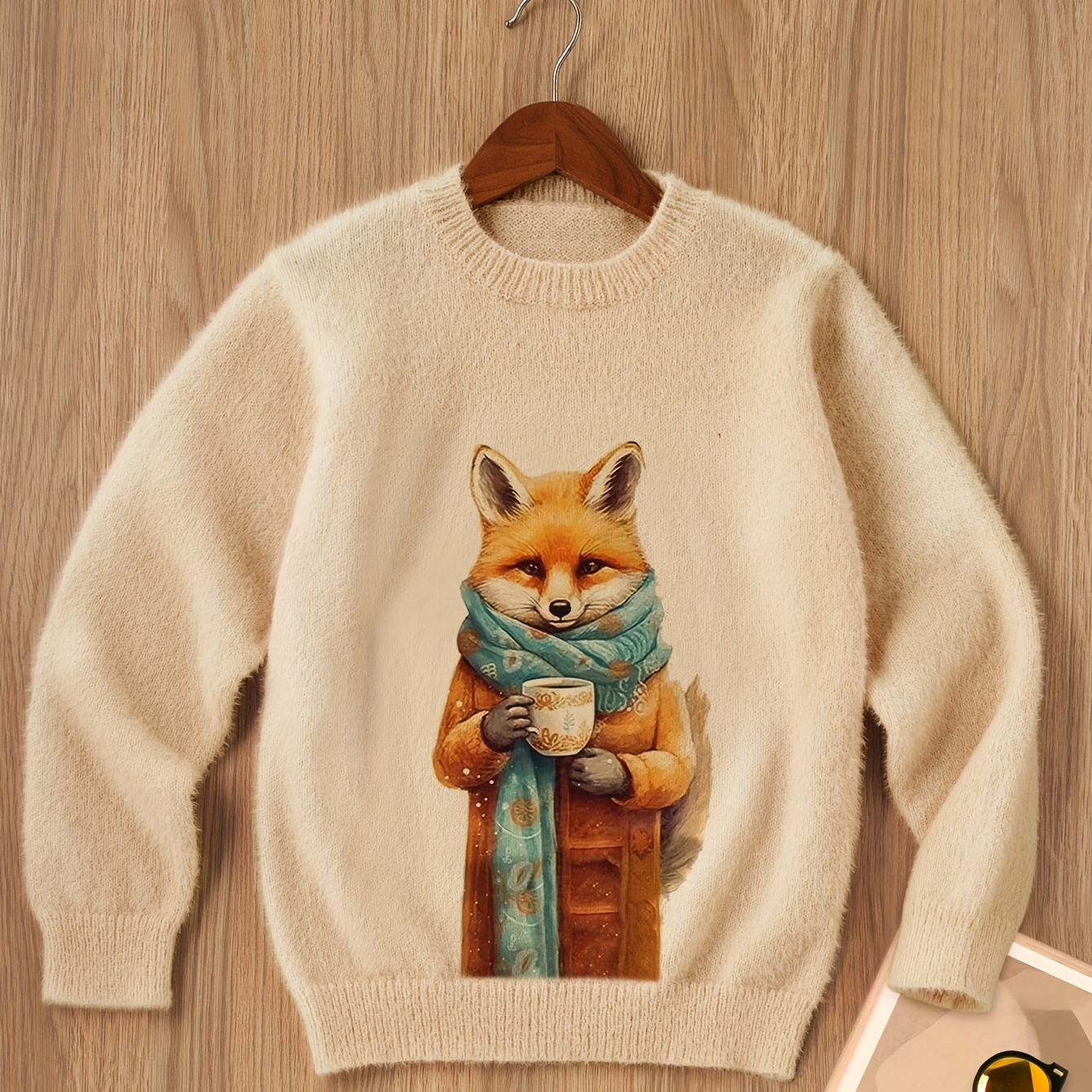 

Boys Girls Trendy Knitwear Fox Graphic Solid Crew Neck Knit Sweater Cute Style Soft Jumper Top Pullover