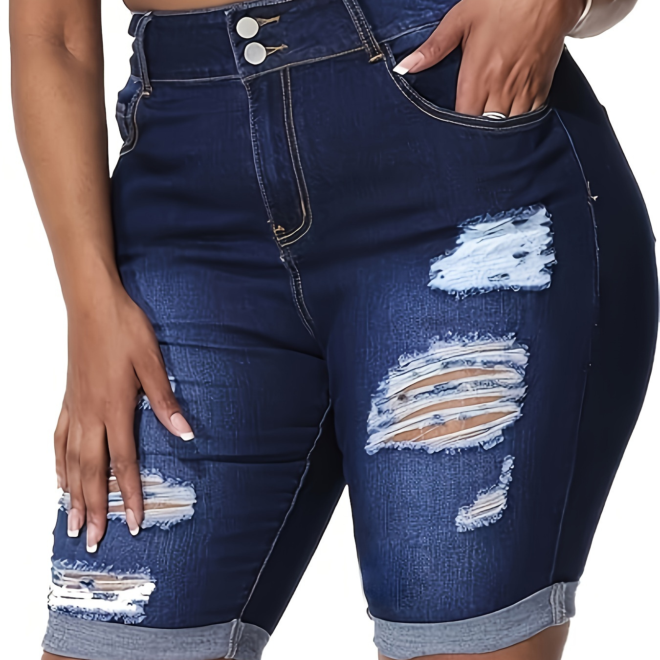 

Women's Plus Size High-waisted Stretchy Roll Up Hem Denim Bermuda Shorts, Casual Ripped Jean Knee-length Pants With Pockets For Summer Outfit