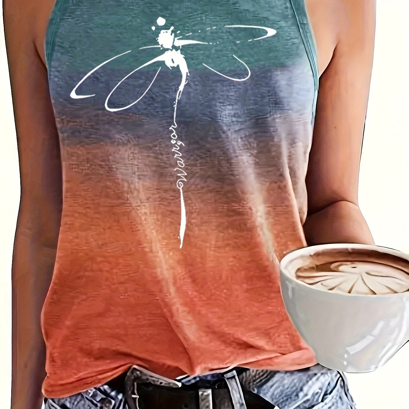 

Dragonfly Print Tank Top, Casual Crew Neck Vest For Summer, Women's Clothing