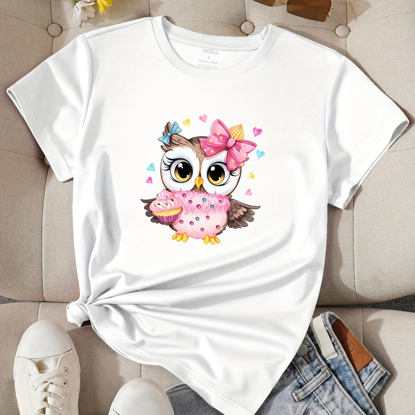 

Cute Owl Neck T-shirt, Casual Short Sleeve Top For , Women's Clothing