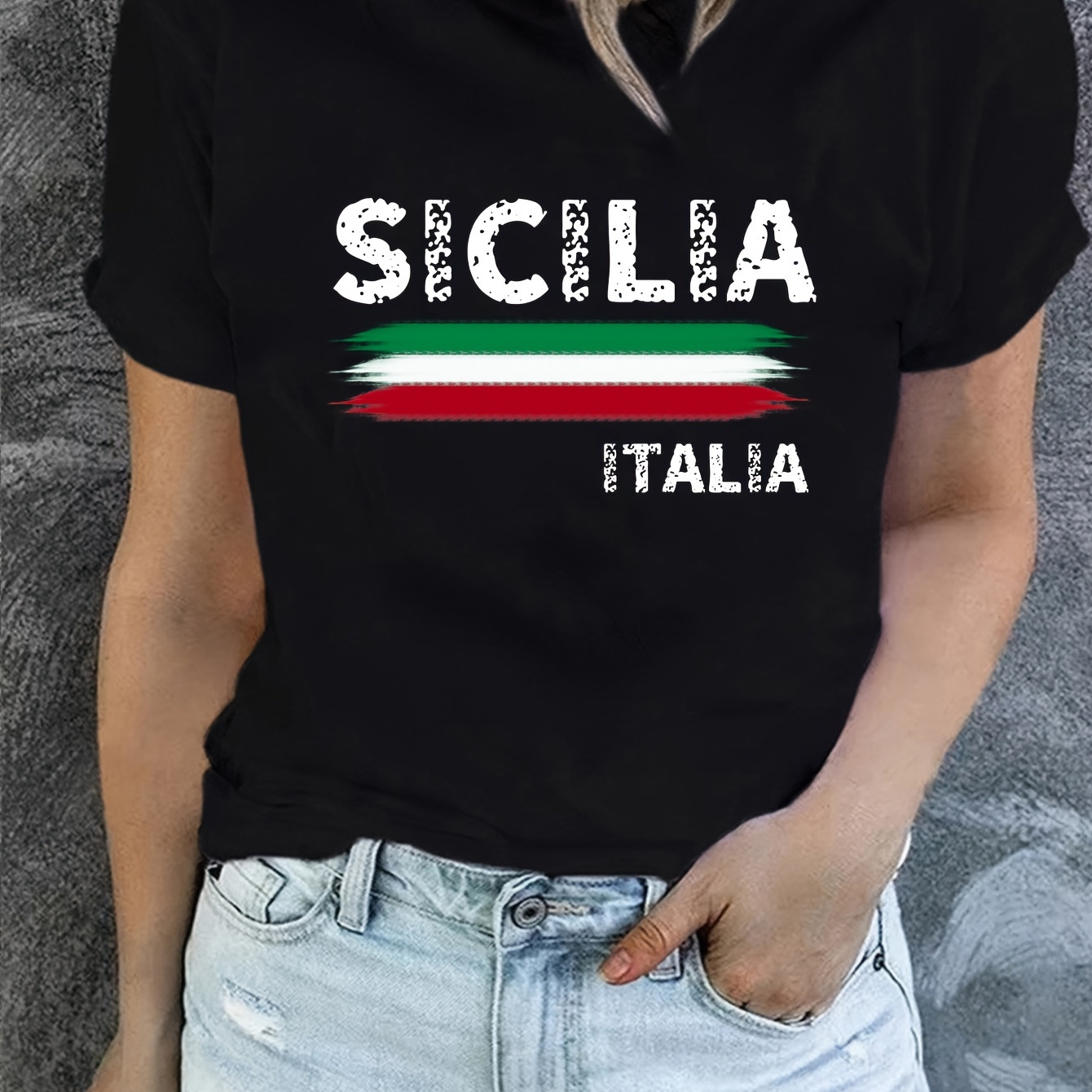 

Sicilia Print T-shirt, Short Sleeve Crew Neck Casual Top For Summer & Spring, Women's Clothing