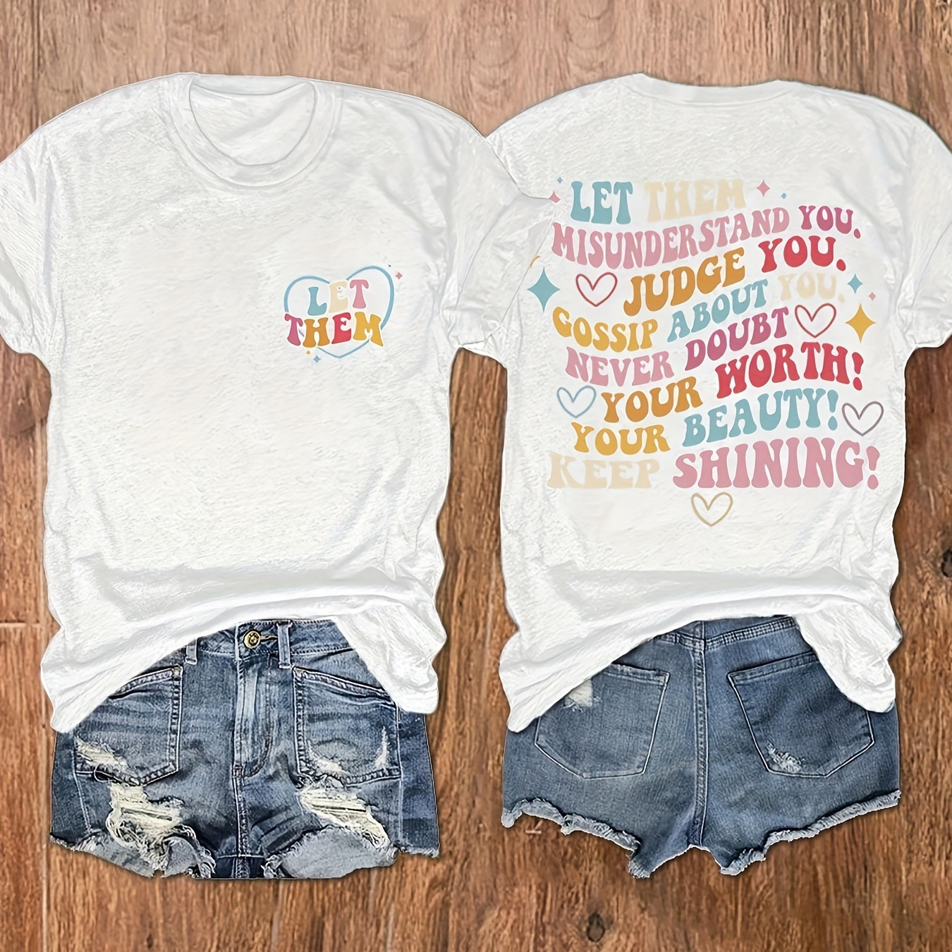 

Let Them Print T-shirt, Short Sleeve Crew Neck Casual Top For Summer & Spring, Women's Clothing