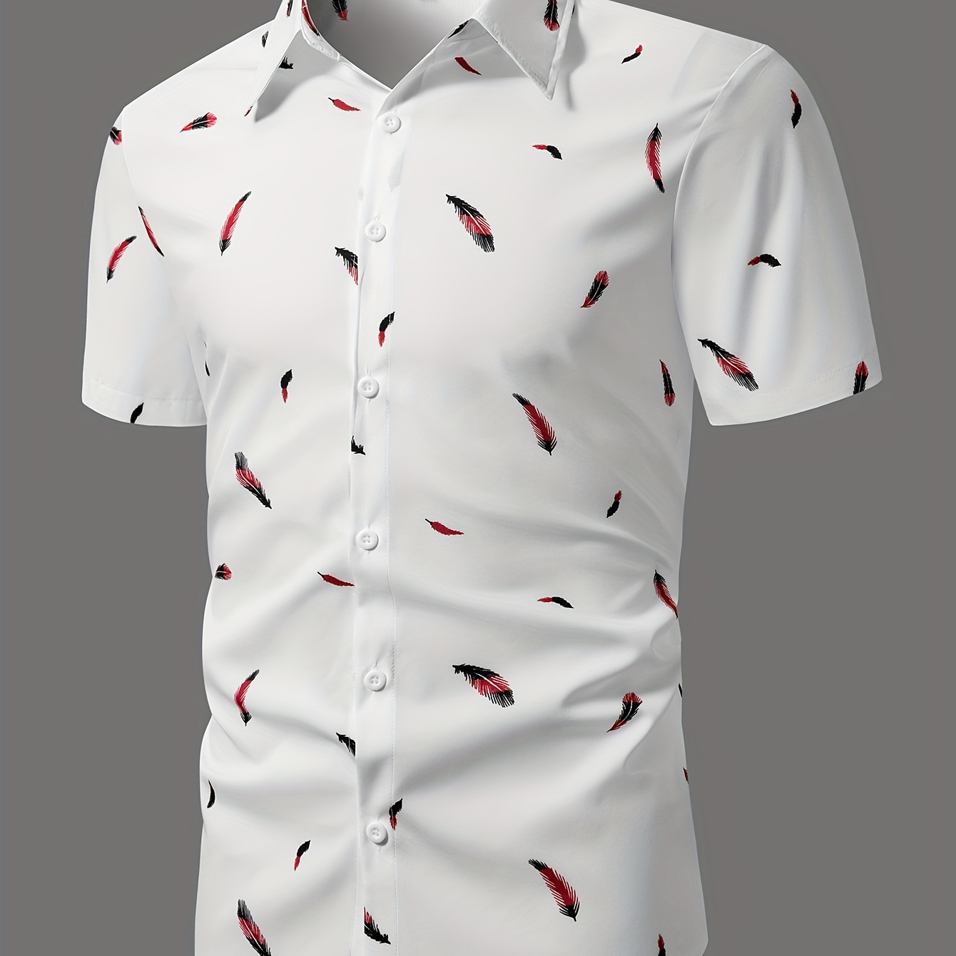 

Feather Print Men's Summer Fashionable And Simple Short Sleeve Button Casual Lapel Simple Shirt, Trendy And Versatile, Suitable For Dates, Beach Holiday, As Gifts